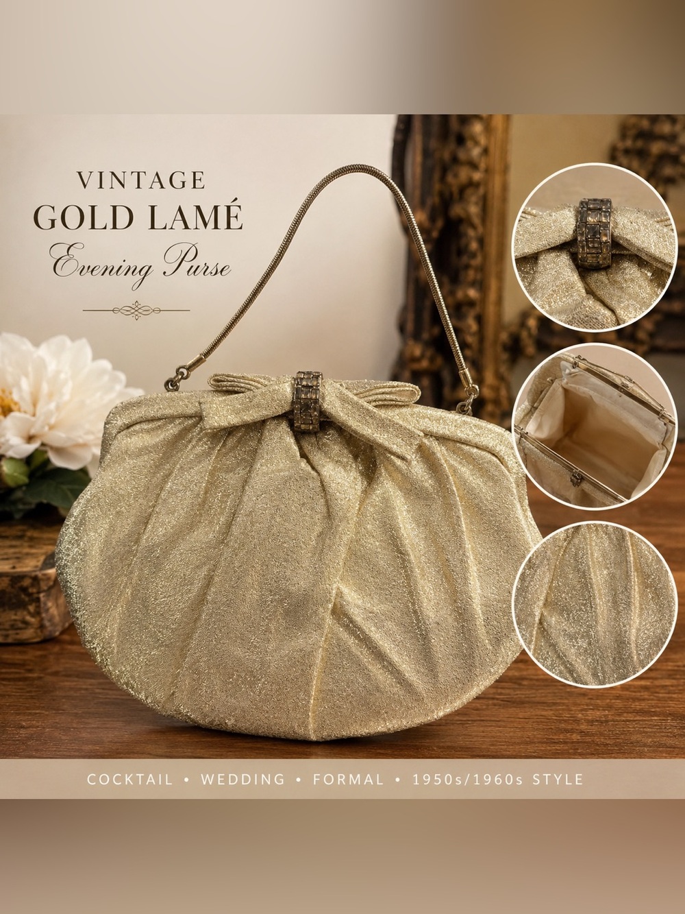 Vintage Gold Lamé Evening Bag Jeweled Clasp w/kiss lock Coin Purse USA Made